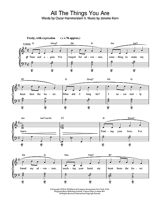 Preview Jerome Kern All The Things You Are Film and TV sheet music, notes and chords for Piano & Vocal, SKU: 17955 sheet music, piano notes, chords, guitar tabs, score, transpose, transcribe, how to play, guide, download, learn, tutorial, progression, song, artist, awards, billboard, mtv, vh1, tour, single, album, release