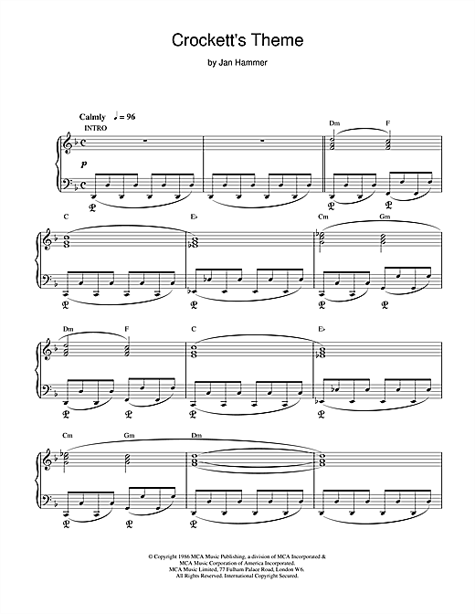 Preview Jan Hammer Crockett's Theme (from Miami Vice) Film and TV sheet music, notes and chords for Piano, Vocal & Guitar (Right-Hand Melody), SKU: 17958 sheet music, piano notes, chords, guitar tabs, score, transpose, transcribe, how to play, guide, download, learn, tutorial, progression, song, artist, awards, billboard, mtv, vh1, tour, single, album, release