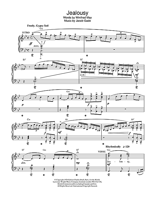 Preview Jacob Gade Jealousy Film and TV sheet music, notes and chords for Piano, Vocal & Guitar (Right-Hand Melody), SKU: 17961 sheet music, piano notes, chords, guitar tabs, score, transpose, transcribe, how to play, guide, download, learn, tutorial, progression, song, artist, awards, billboard, mtv, vh1, tour, single, album, release