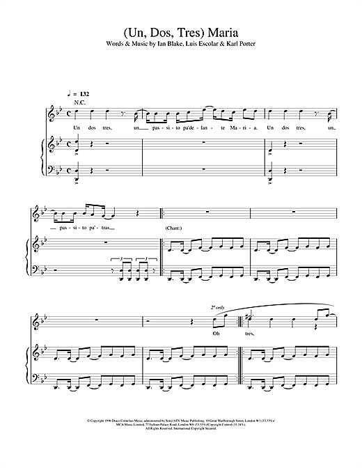 Preview Ricky Martin (Un, Dos, Tres) Maria Pop sheet music, notes and chords for Piano, Vocal & Guitar (Right-Hand Melody), SKU: 17964 sheet music, piano notes, chords, guitar tabs, score, transpose, transcribe, how to play, guide, download, learn, tutorial, progression, song, artist, awards, billboard, mtv, vh1, tour, single, album, release