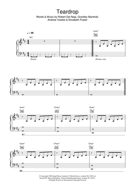 Preview Massive Attack Teardrop Pop sheet music, notes and chords for Piano, Vocal & Guitar, SKU: 17965 sheet music, piano notes, chords, guitar tabs, score, transpose, transcribe, how to play, guide, download, learn, tutorial, progression, song, artist, awards, billboard, mtv, vh1, tour, single, album, release