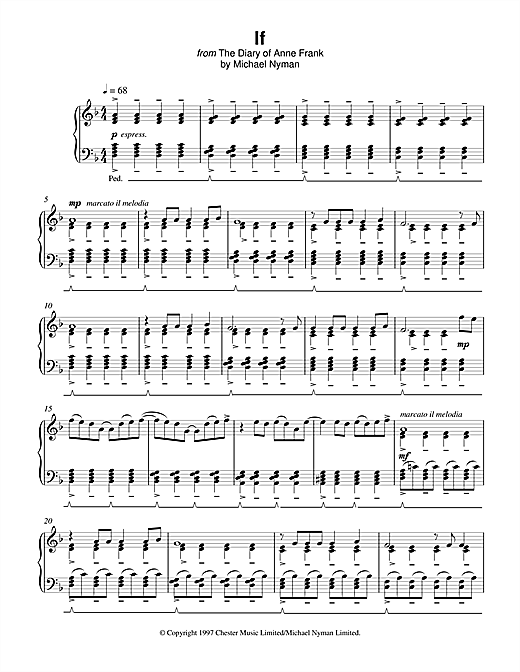 Preview Michael Nyman If (from The Diary Of Anne Frank) Film and TV sheet music, notes and chords for Piano, SKU: 17972 sheet music, piano notes, chords, guitar tabs, score, transpose, transcribe, how to play, guide, download, learn, tutorial, progression, song, artist, awards, billboard, mtv, vh1, tour, single, album, release
