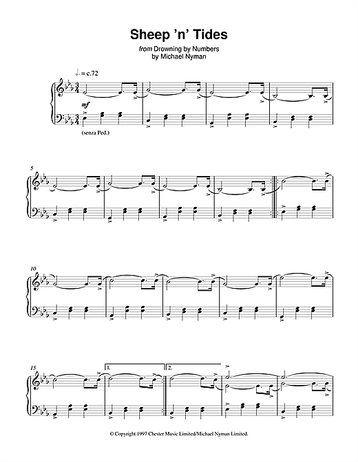 Preview Michael Nyman Sheep 'n' Tides (from Drowning By Numbers) Film and TV sheet music, notes and chords for Piano, SKU: 17974 sheet music, piano notes, chords, guitar tabs, score, transpose, transcribe, how to play, guide, download, learn, tutorial, progression, song, artist, awards, billboard, mtv, vh1, tour, single, album, release