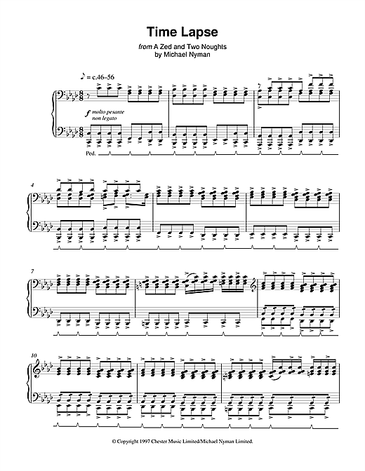Preview Michael Nyman Time Lapse (from A Zed And Two Noughts) Film and TV sheet music, notes and chords for Piano, SKU: 17977 sheet music, piano notes, chords, guitar tabs, score, transpose, transcribe, how to play, guide, download, learn, tutorial, progression, song, artist, awards, billboard, mtv, vh1, tour, single, album, release