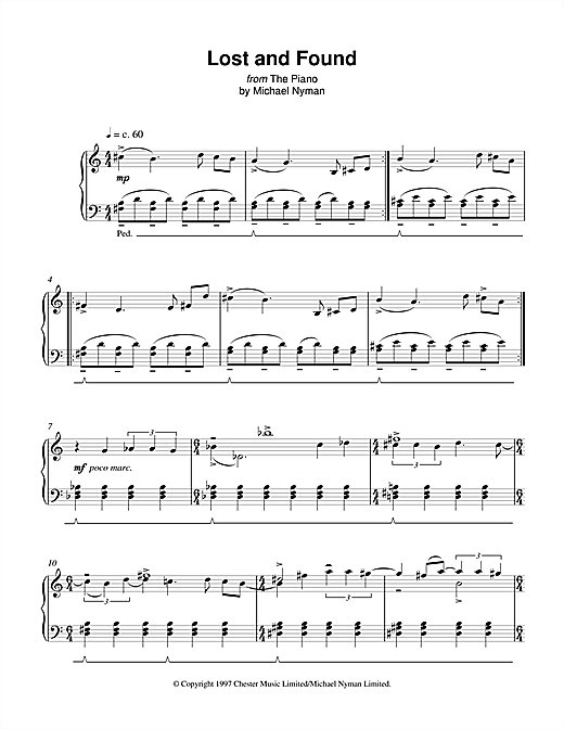 Preview Michael Nyman Lost And Found (from The Piano) Film and TV sheet music, notes and chords for Piano, SKU: 17978 sheet music, piano notes, chords, guitar tabs, score, transpose, transcribe, how to play, guide, download, learn, tutorial, progression, song, artist, awards, billboard, mtv, vh1, tour, single, album, release