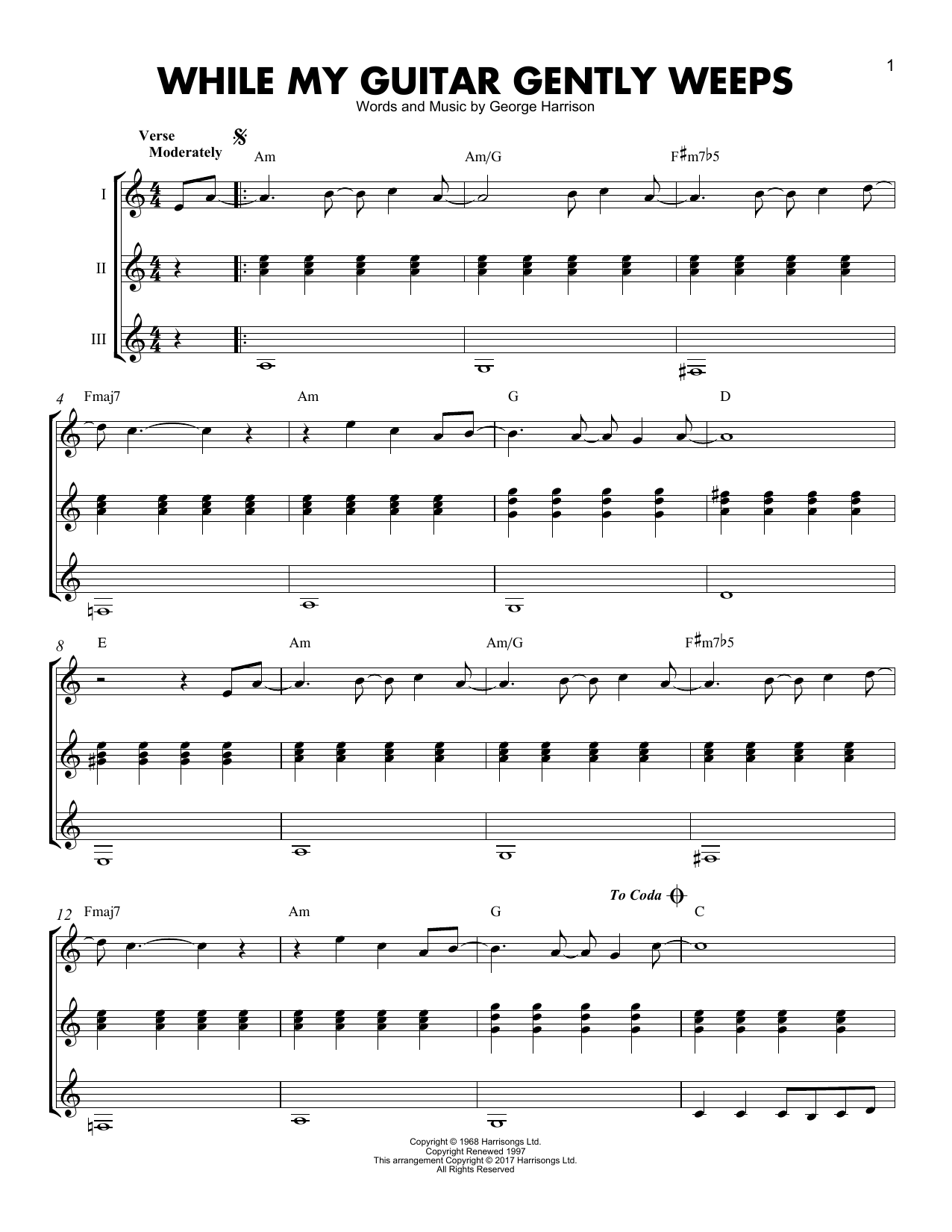 Preview The Beatles While My Guitar Gently Weeps Rock sheet music, notes and chords for Guitar Ensemble, SKU: 179800 sheet music, piano notes, chords, guitar tabs, score, transpose, transcribe, how to play, guide, download, learn, tutorial, progression, song, artist, awards, billboard, mtv, vh1, tour, single, album, release