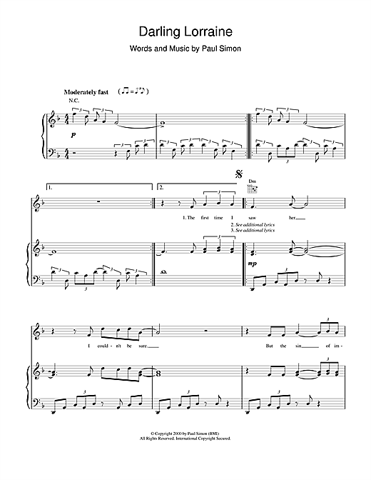 Preview Paul Simon Darling Lorraine Pop sheet music, notes and chords for Piano, Vocal & Guitar (Right-Hand Melody), SKU: 17984 sheet music, piano notes, chords, guitar tabs, score, transpose, transcribe, how to play, guide, download, learn, tutorial, progression, song, artist, awards, billboard, mtv, vh1, tour, single, album, release