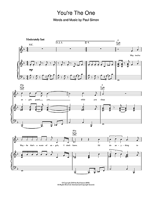 Preview Paul Simon You're The One Pop sheet music, notes and chords for Piano, Vocal & Guitar (Right-Hand Melody), SKU: 17994 sheet music, piano notes, chords, guitar tabs, score, transpose, transcribe, how to play, guide, download, learn, tutorial, progression, song, artist, awards, billboard, mtv, vh1, tour, single, album, release