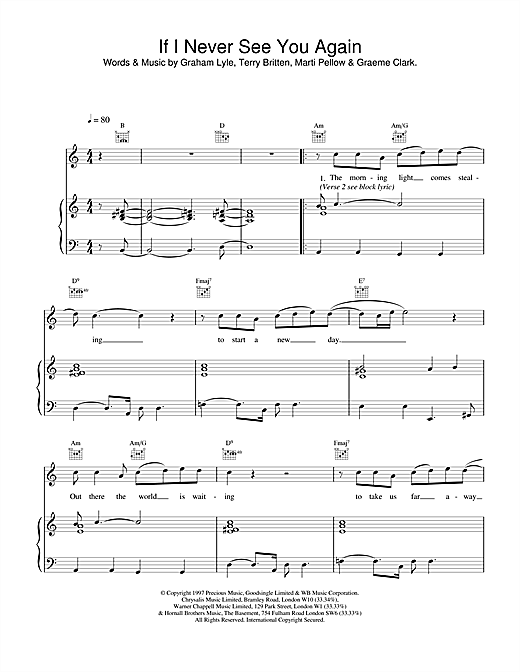 Preview Wet Wet Wet If I Never See You Again Pop sheet music, notes and chords for Piano, Vocal & Guitar, SKU: 17997 sheet music, piano notes, chords, guitar tabs, score, transpose, transcribe, how to play, guide, download, learn, tutorial, progression, song, artist, awards, billboard, mtv, vh1, tour, single, album, release