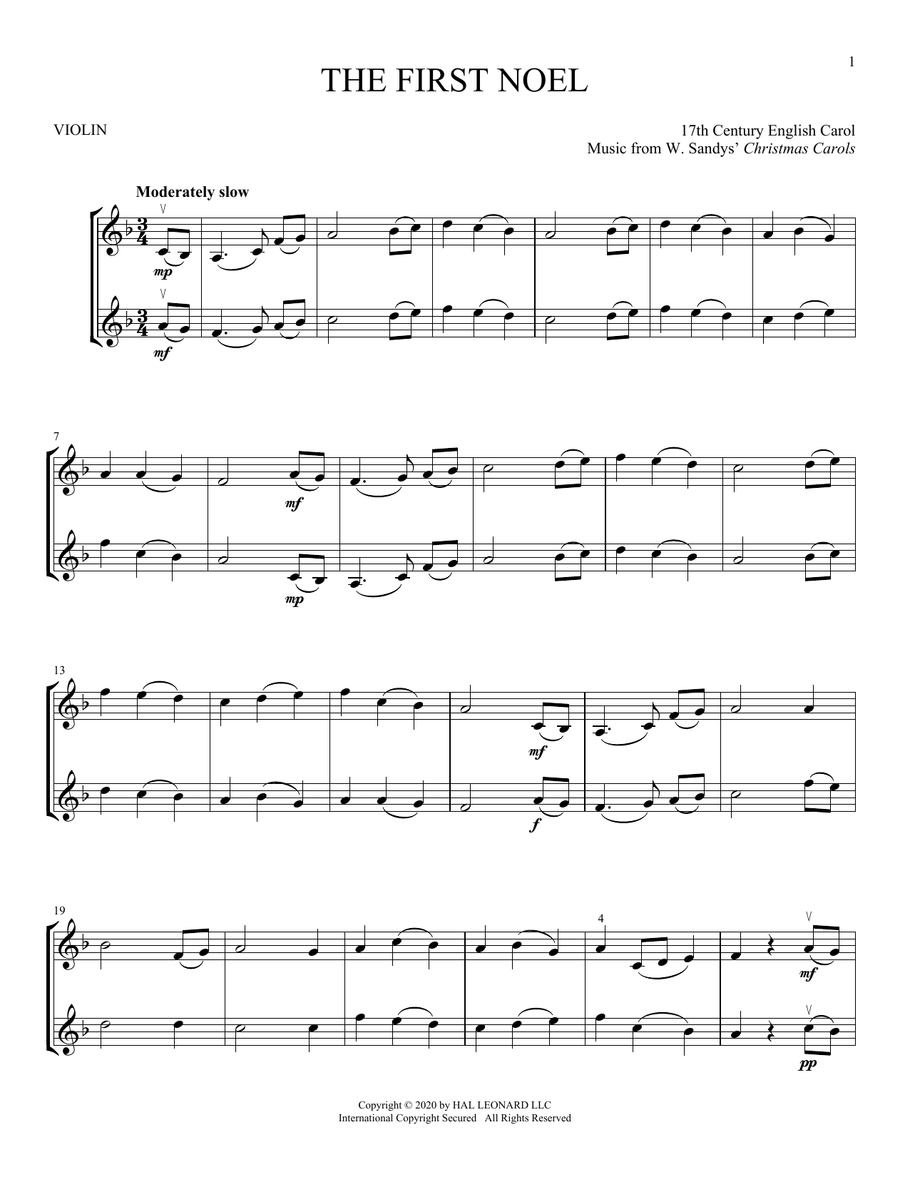 17th Century English Carol The First Noel sheet music notes and chords. Download Printable PDF.
