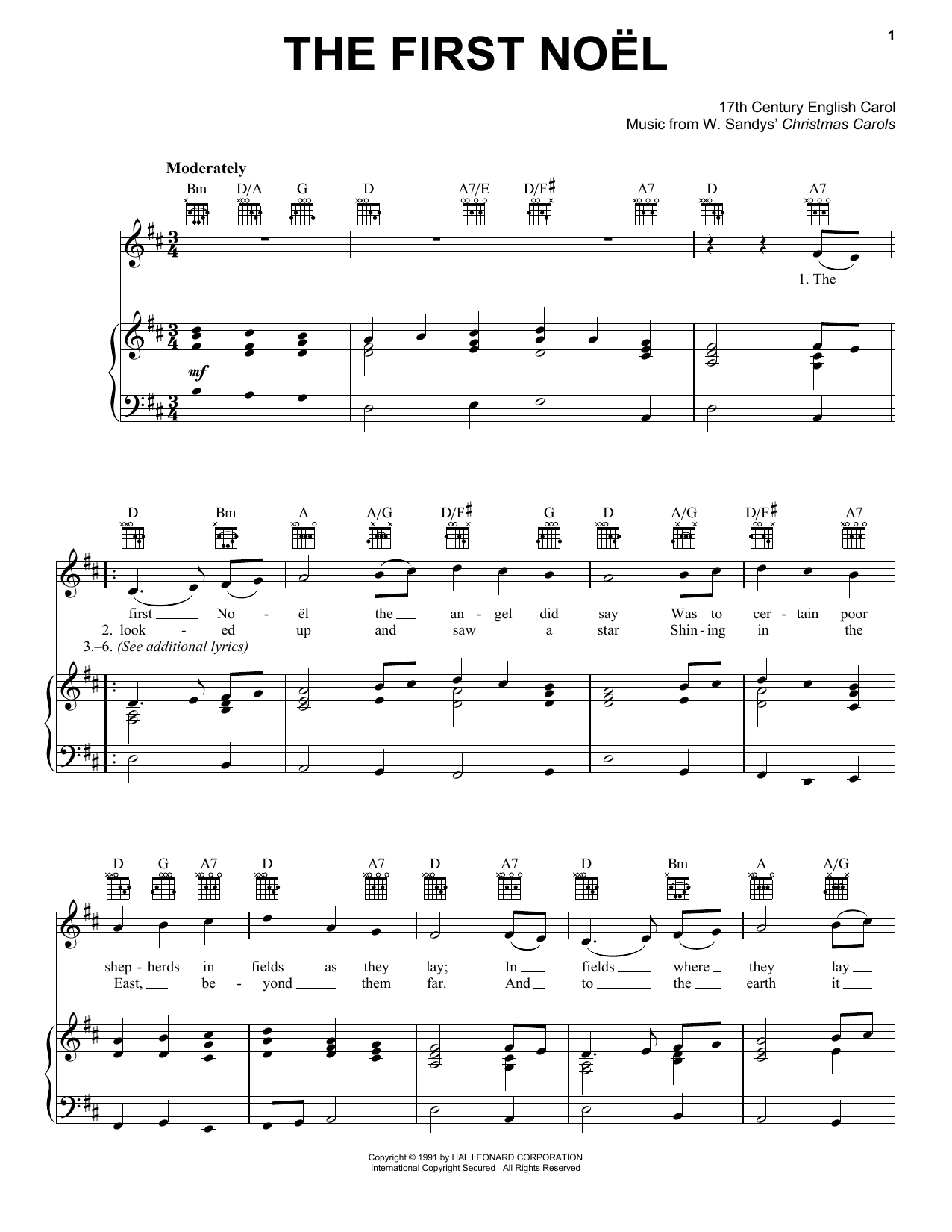 17th Century English Carol The First Noel sheet music notes and chords. Download Printable PDF.