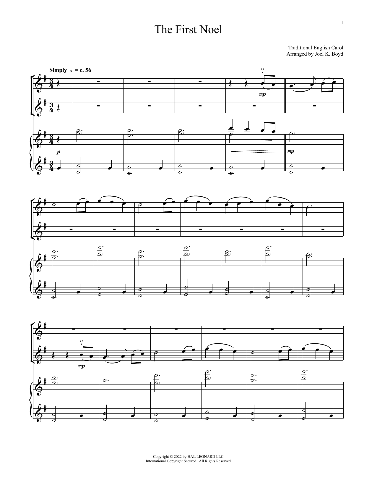 17th Century English Carol The First Noel (for Violin Duet and Piano) sheet music notes and chords. Download Printable PDF.