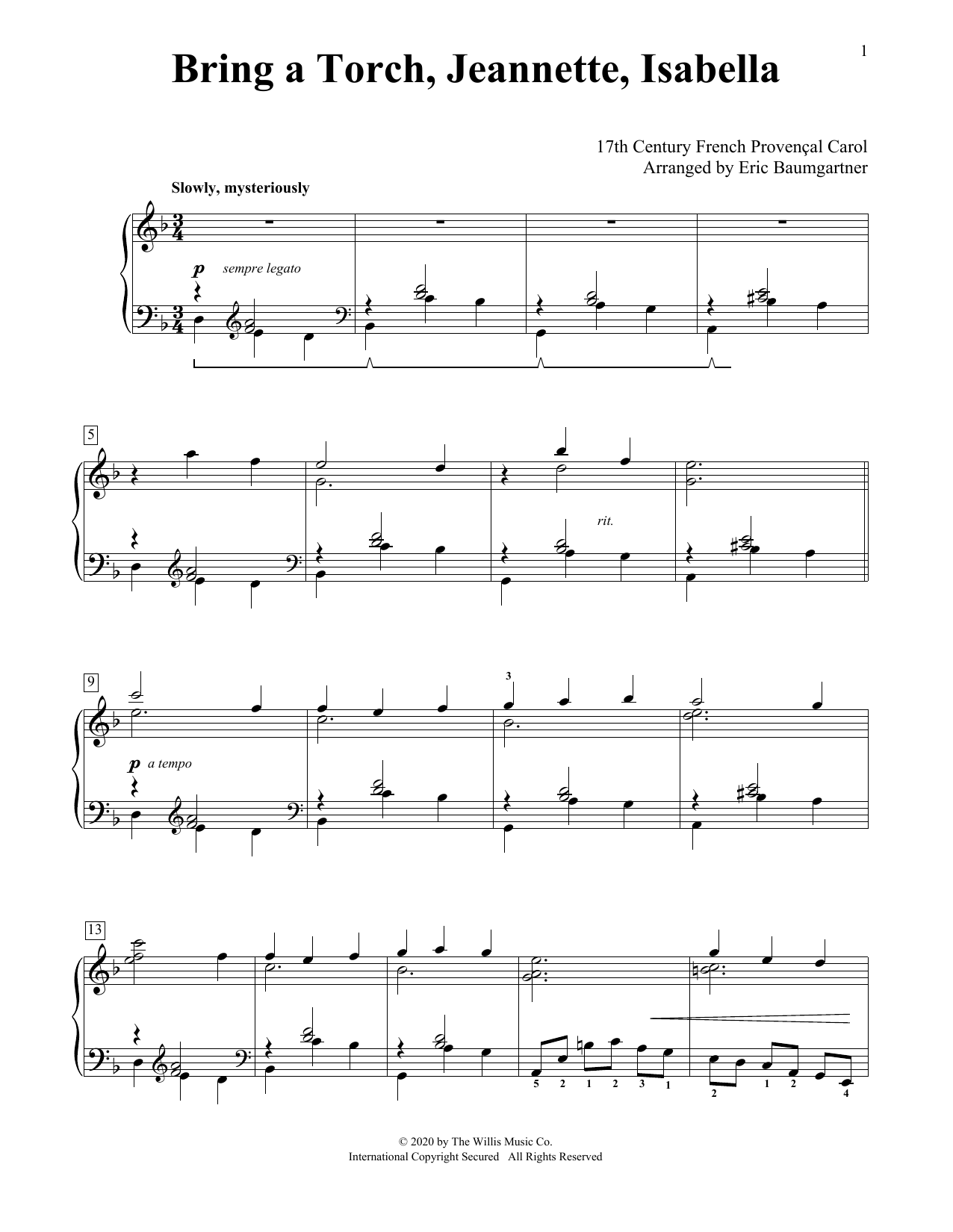 17th Century French Carol Bring A Torch, Jeannette, Isabella [Jazz version] (arr. Eric Baumgartner) sheet music notes and chords. Download Printable PDF.