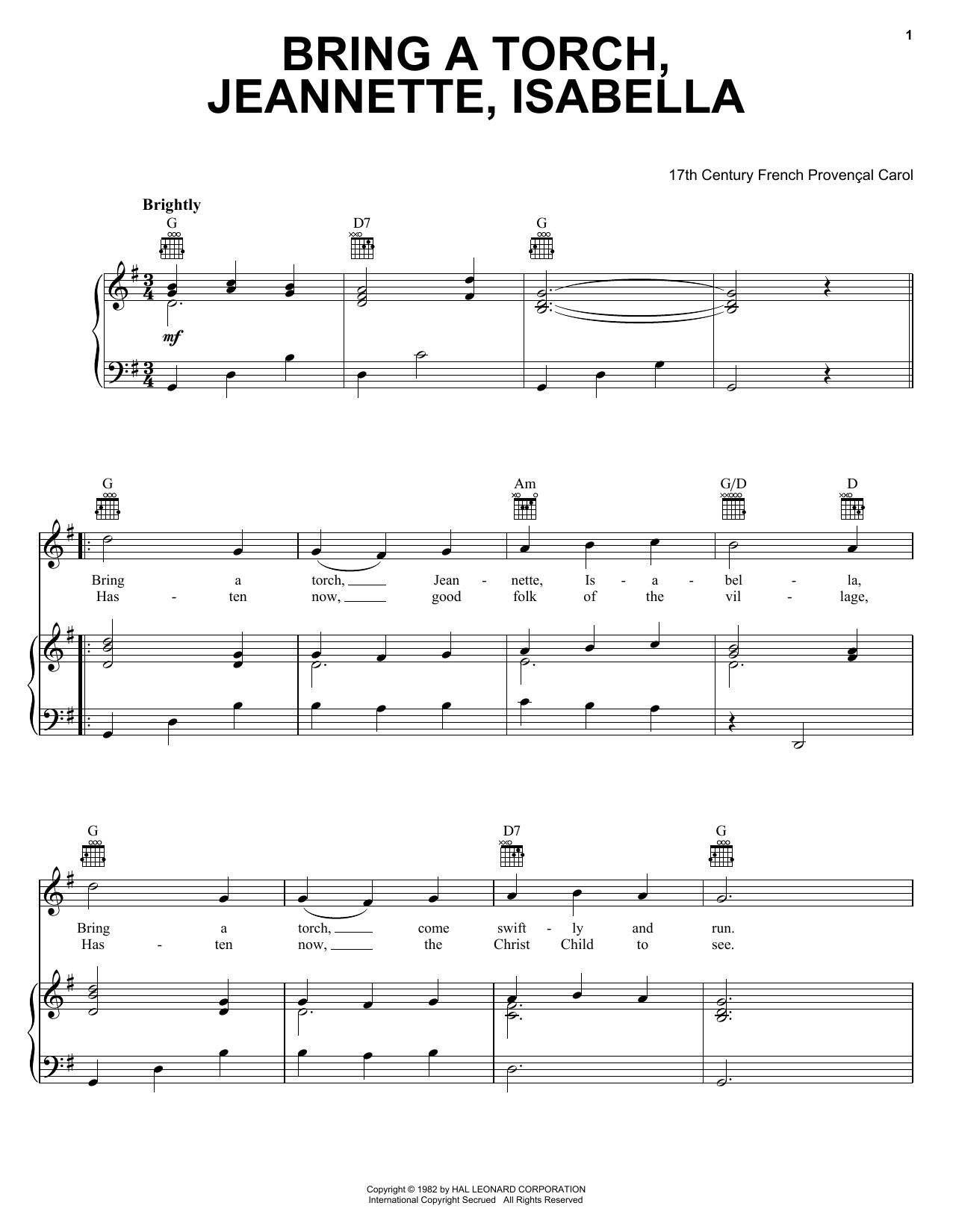 17th Century French Carol Bring A Torch, Jeannette Isabella sheet music notes and chords. Download Printable PDF.