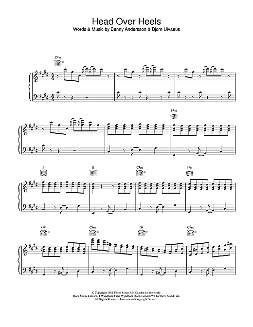Preview ABBA Head Over Heels Pop sheet music, notes and chords for Piano, Vocal & Guitar (Right-Hand Melody), SKU: 18012 sheet music, piano notes, chords, guitar tabs, score, transpose, transcribe, how to play, guide, download, learn, tutorial, progression, song, artist, awards, billboard, mtv, vh1, tour, single, album, release