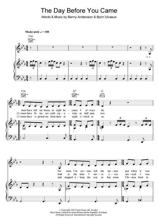 Preview ABBA The Day Before You Came Pop sheet music, notes and chords for Piano, Vocal & Guitar (Right-Hand Melody), SKU: 18015 sheet music, piano notes, chords, guitar tabs, score, transpose, transcribe, how to play, guide, download, learn, tutorial, progression, song, artist, awards, billboard, mtv, vh1, tour, single, album, release