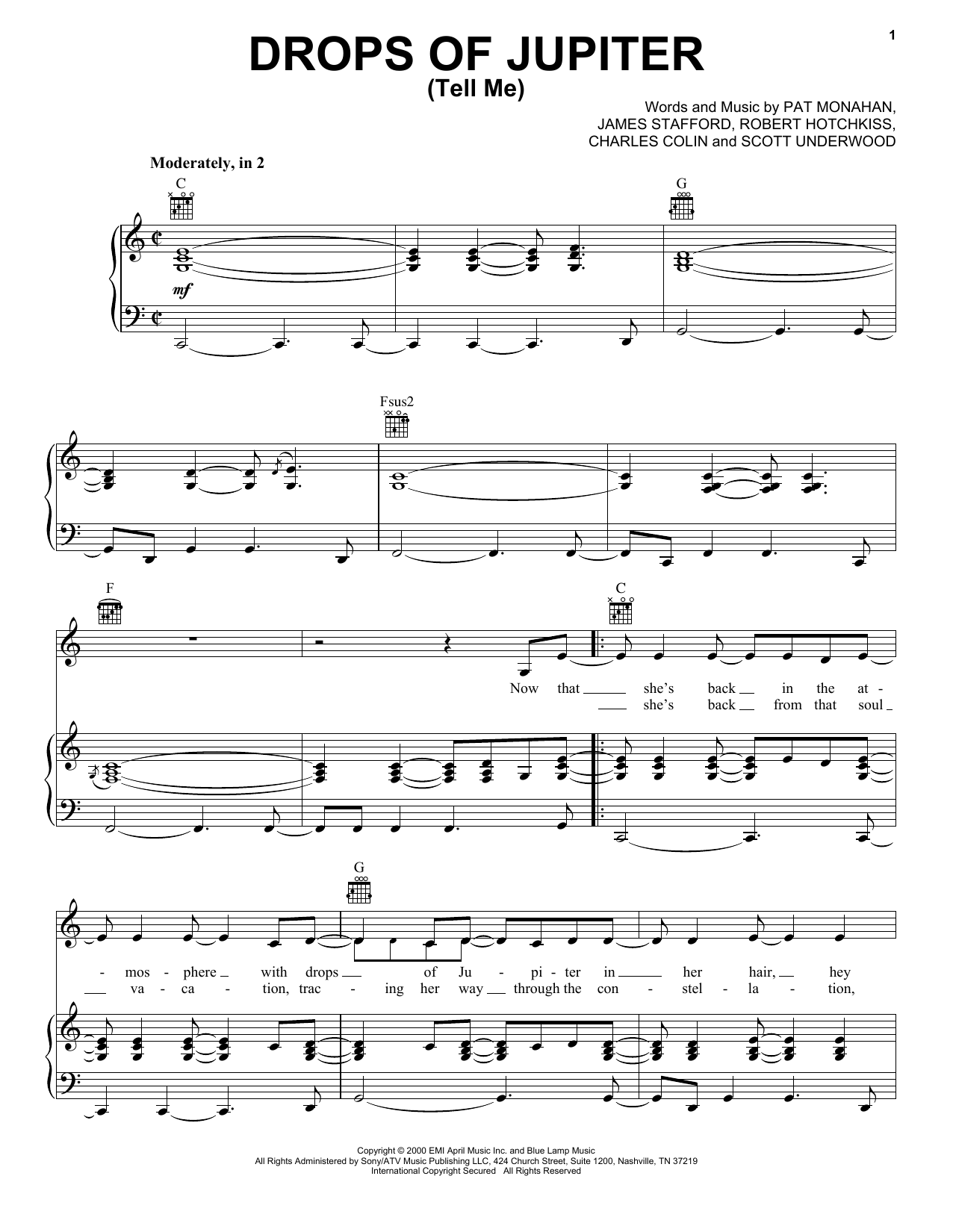 Preview Train Drops Of Jupiter (Tell Me) Rock sheet music, notes and chords for Piano, Vocal & Guitar (Right-Hand Melody), SKU: 18022 sheet music, piano notes, chords, guitar tabs, score, transpose, transcribe, how to play, guide, download, learn, tutorial, progression, song, artist, awards, billboard, mtv, vh1, tour, single, album, release