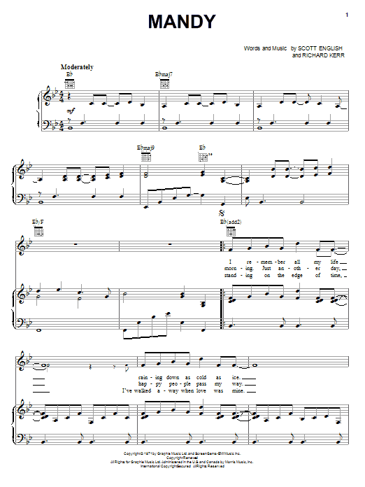 Preview Barry Manilow Mandy Rock sheet music, notes and chords for Piano, Vocal & Guitar (Right-Hand Melody), SKU: 18031 sheet music, piano notes, chords, guitar tabs, score, transpose, transcribe, how to play, guide, download, learn, tutorial, progression, song, artist, awards, billboard, mtv, vh1, tour, single, album, release