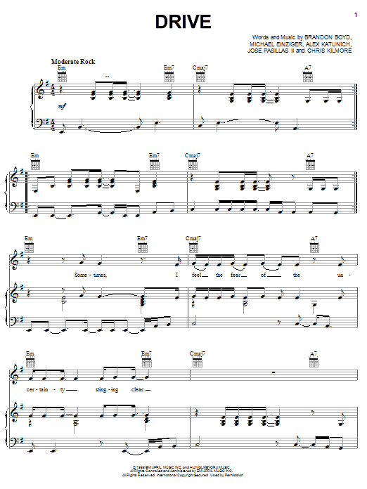 Preview Incubus Drive Rock sheet music, notes and chords for Piano, Vocal & Guitar (Right-Hand Melody), SKU: 18035 sheet music, piano notes, chords, guitar tabs, score, transpose, transcribe, how to play, guide, download, learn, tutorial, progression, song, artist, awards, billboard, mtv, vh1, tour, single, album, release