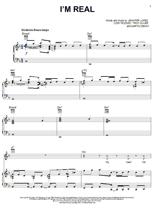 Preview Jennifer Lopez I'm Real Pop sheet music, notes and chords for Piano, Vocal & Guitar (Right-Hand Melody), SKU: 18037 sheet music, piano notes, chords, guitar tabs, score, transpose, transcribe, how to play, guide, download, learn, tutorial, progression, song, artist, awards, billboard, mtv, vh1, tour, single, album, release