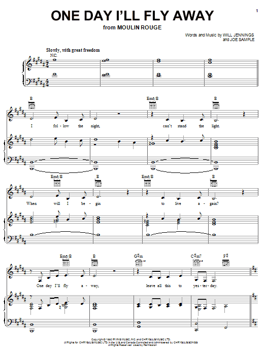 Preview Nicole Kidman One Day I'll Fly Away (from Moulin Rouge) Pop sheet music, notes and chords for Piano, Vocal & Guitar (Right-Hand Melody), SKU: 18040 sheet music, piano notes, chords, guitar tabs, score, transpose, transcribe, how to play, guide, download, learn, tutorial, progression, song, artist, awards, billboard, mtv, vh1, tour, single, album, release