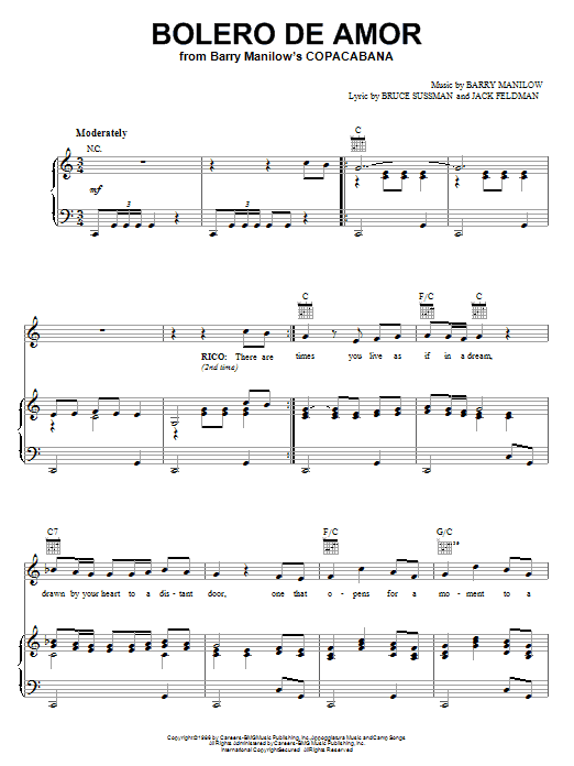 Preview Barry Manilow Bolero De Amor Musicals sheet music, notes and chords for Piano, Vocal & Guitar (Right-Hand Melody), SKU: 18041 sheet music, piano notes, chords, guitar tabs, score, transpose, transcribe, how to play, guide, download, learn, tutorial, progression, song, artist, awards, billboard, mtv, vh1, tour, single, album, release