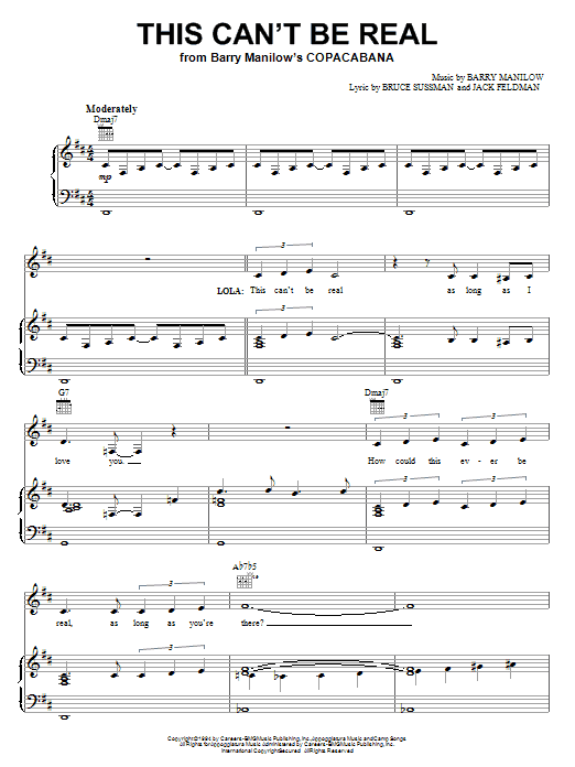 Preview Barry Manilow This Can't Be Real Musicals sheet music, notes and chords for Piano, Vocal & Guitar (Right-Hand Melody), SKU: 18042 sheet music, piano notes, chords, guitar tabs, score, transpose, transcribe, how to play, guide, download, learn, tutorial, progression, song, artist, awards, billboard, mtv, vh1, tour, single, album, release
