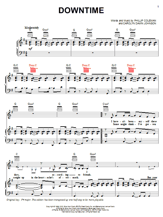 Preview Jo Dee Messina Downtime Country sheet music, notes and chords for Piano, Vocal & Guitar (Right-Hand Melody), SKU: 18044 sheet music, piano notes, chords, guitar tabs, score, transpose, transcribe, how to play, guide, download, learn, tutorial, progression, song, artist, awards, billboard, mtv, vh1, tour, single, album, release