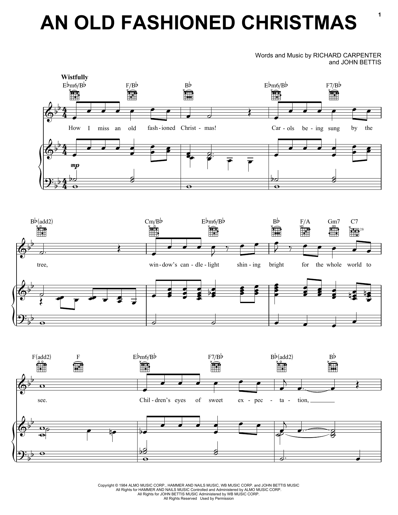 Preview Carpenters An Old Fashioned Christmas Folk sheet music, notes and chords for Piano, Vocal & Guitar (Right-Hand Melody), SKU: 18046 sheet music, piano notes, chords, guitar tabs, score, transpose, transcribe, how to play, guide, download, learn, tutorial, progression, song, artist, awards, billboard, mtv, vh1, tour, single, album, release