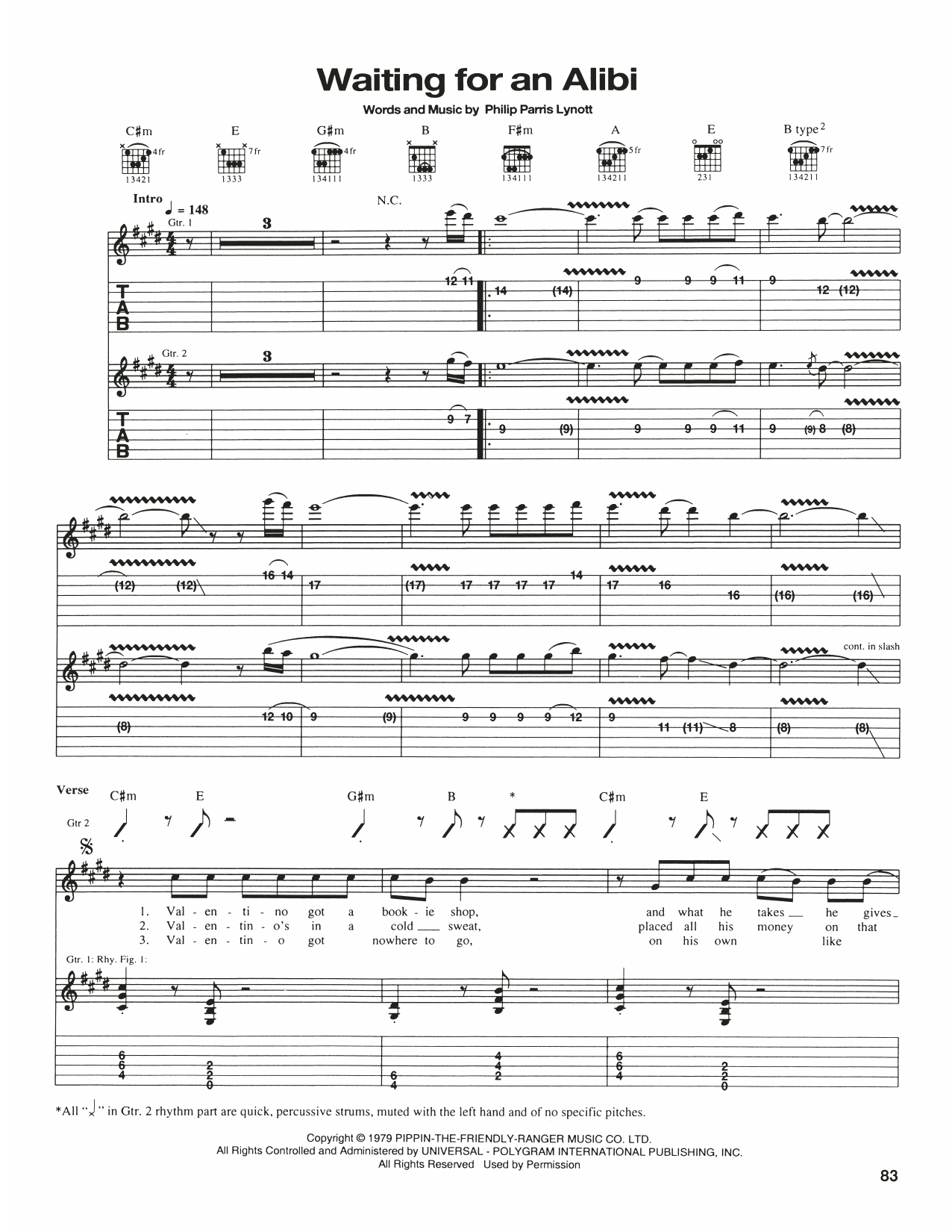 Preview Thin Lizzy Waiting For An Alibi Rock sheet music, notes and chords for Guitar Tab, SKU: 180495 sheet music, piano notes, chords, guitar tabs, score, transpose, transcribe, how to play, guide, download, learn, tutorial, progression, song, artist, awards, billboard, mtv, vh1, tour, single, album, release