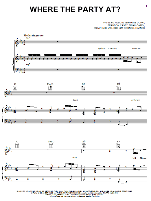 Preview Jagged Edge and Nelly Where The Party At Pop sheet music, notes and chords for Piano, Vocal & Guitar (Right-Hand Melody), SKU: 18050 sheet music, piano notes, chords, guitar tabs, score, transpose, transcribe, how to play, guide, download, learn, tutorial, progression, song, artist, awards, billboard, mtv, vh1, tour, single, album, release