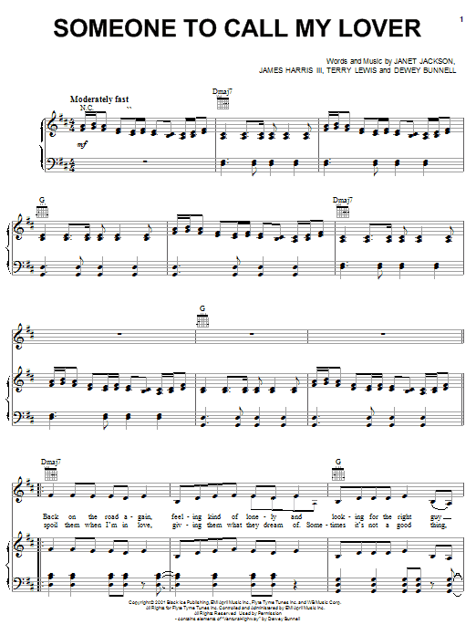Preview Janet Jackson Someone To Call My Lover Pop sheet music, notes and chords for Piano, Vocal & Guitar (Right-Hand Melody), SKU: 18054 sheet music, piano notes, chords, guitar tabs, score, transpose, transcribe, how to play, guide, download, learn, tutorial, progression, song, artist, awards, billboard, mtv, vh1, tour, single, album, release