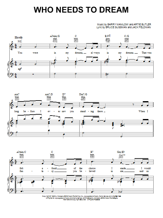Preview Barry Manilow Who Needs To Dream Pop sheet music, notes and chords for Piano, Vocal & Guitar (Right-Hand Melody), SKU: 18059 sheet music, piano notes, chords, guitar tabs, score, transpose, transcribe, how to play, guide, download, learn, tutorial, progression, song, artist, awards, billboard, mtv, vh1, tour, single, album, release