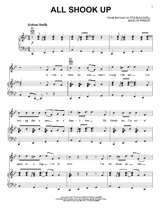 Preview Elvis Presley All Shook Up Rock sheet music, notes and chords for Piano, Vocal & Guitar (Right-Hand Melody), SKU: 18060 sheet music, piano notes, chords, guitar tabs, score, transpose, transcribe, how to play, guide, download, learn, tutorial, progression, song, artist, awards, billboard, mtv, vh1, tour, single, album, release