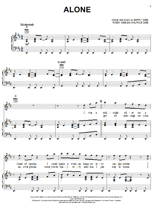 Preview Bee Gees Alone Pop sheet music, notes and chords for Piano, Vocal & Guitar (Right-Hand Melody), SKU: 18064 sheet music, piano notes, chords, guitar tabs, score, transpose, transcribe, how to play, guide, download, learn, tutorial, progression, song, artist, awards, billboard, mtv, vh1, tour, single, album, release