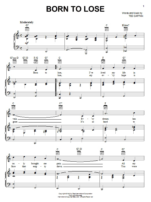 Preview Ray Charles Born To Lose Country sheet music, notes and chords for Piano, Vocal & Guitar (Right-Hand Melody), SKU: 18066 sheet music, piano notes, chords, guitar tabs, score, transpose, transcribe, how to play, guide, download, learn, tutorial, progression, song, artist, awards, billboard, mtv, vh1, tour, single, album, release