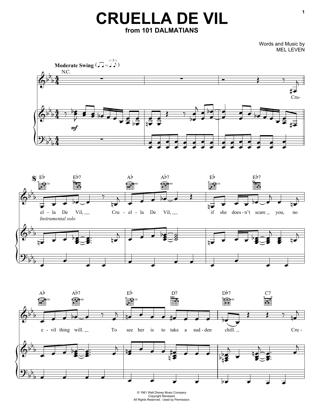 Preview Mel Leven Cruella De Vil Children sheet music, notes and chords for Piano, Vocal & Guitar (Right-Hand Melody), SKU: 18069 sheet music, piano notes, chords, guitar tabs, score, transpose, transcribe, how to play, guide, download, learn, tutorial, progression, song, artist, awards, billboard, mtv, vh1, tour, single, album, release