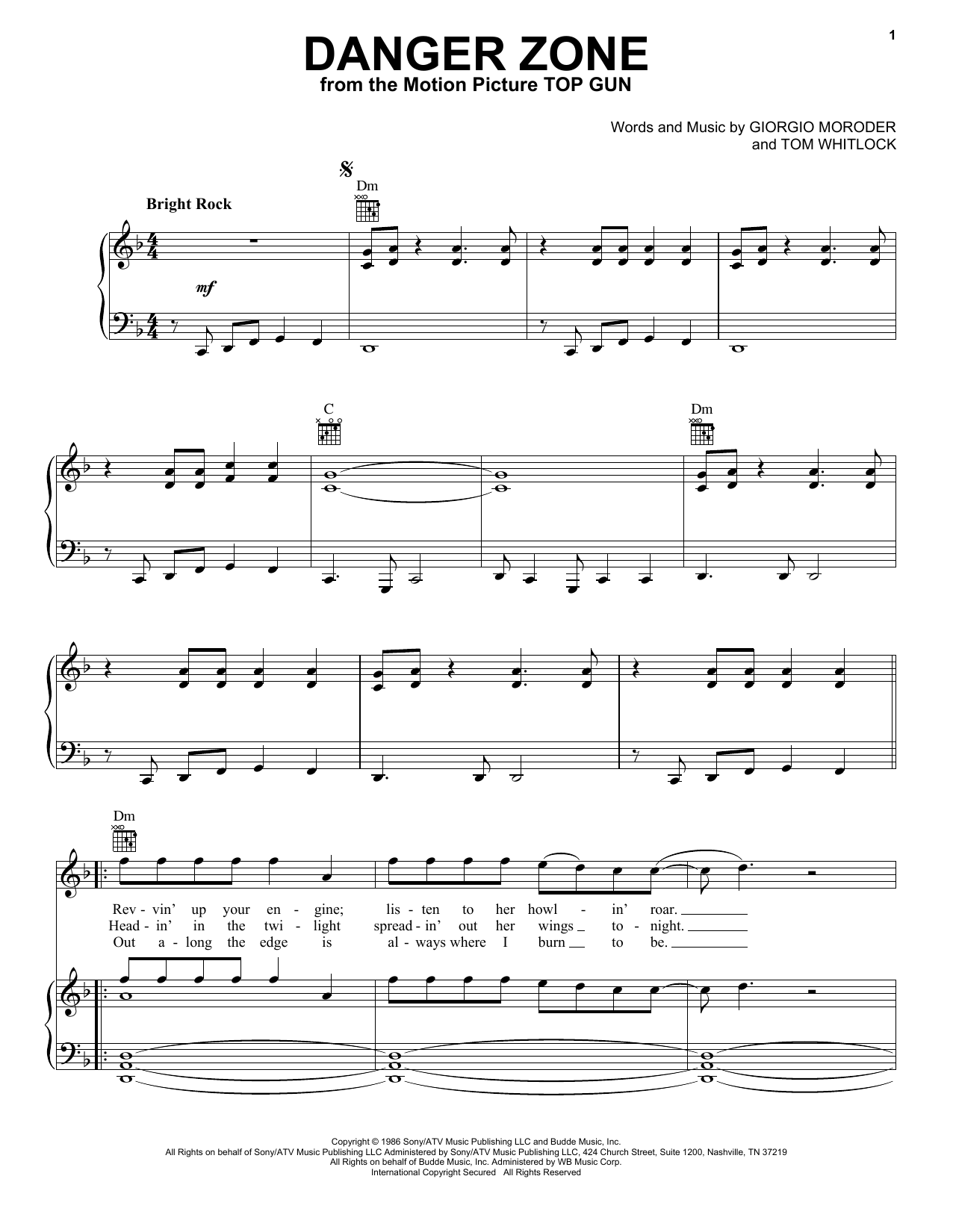 Preview Kenny Loggins Danger Zone Pop sheet music, notes and chords for Piano, Vocal & Guitar (Right-Hand Melody), SKU: 18071 sheet music, piano notes, chords, guitar tabs, score, transpose, transcribe, how to play, guide, download, learn, tutorial, progression, song, artist, awards, billboard, mtv, vh1, tour, single, album, release