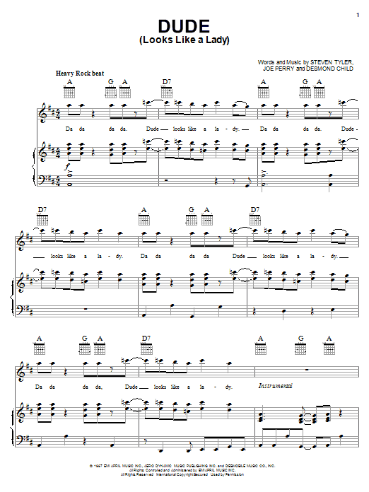 Preview Aerosmith Dude (Looks Like A Lady) Pop sheet music, notes and chords for Piano, Vocal & Guitar (Right-Hand Melody), SKU: 18073 sheet music, piano notes, chords, guitar tabs, score, transpose, transcribe, how to play, guide, download, learn, tutorial, progression, song, artist, awards, billboard, mtv, vh1, tour, single, album, release