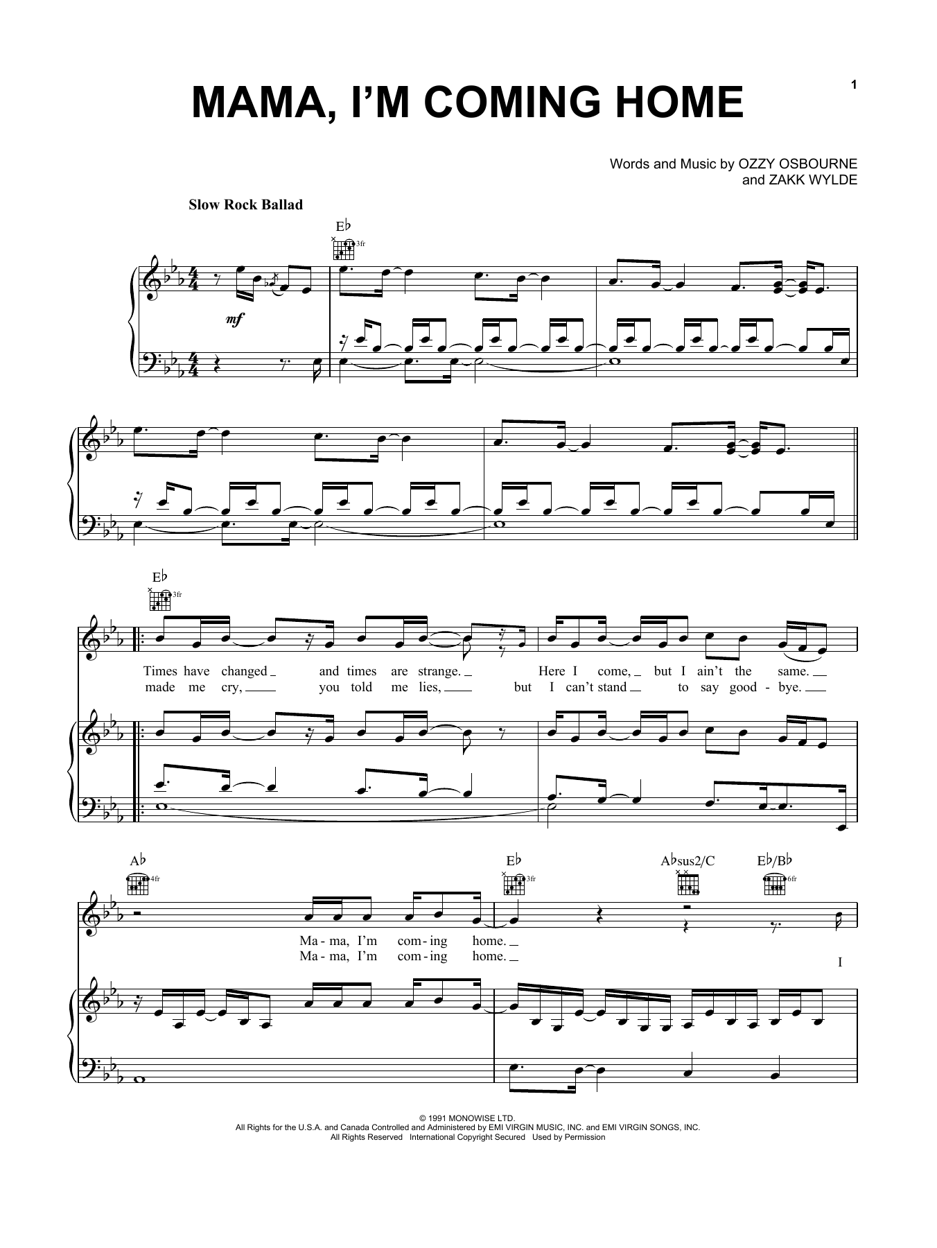 Preview Ozzy Osbourne Mama, I'm Coming Home Pop sheet music, notes and chords for Piano, Vocal & Guitar (Right-Hand Melody), SKU: 18078 sheet music, piano notes, chords, guitar tabs, score, transpose, transcribe, how to play, guide, download, learn, tutorial, progression, song, artist, awards, billboard, mtv, vh1, tour, single, album, release