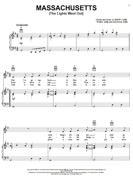 Preview Bee Gees Massachusetts (The Lights Went Out) Rock sheet music, notes and chords for Piano, Vocal & Guitar (Right-Hand Melody), SKU: 18080 sheet music, piano notes, chords, guitar tabs, score, transpose, transcribe, how to play, guide, download, learn, tutorial, progression, song, artist, awards, billboard, mtv, vh1, tour, single, album, release