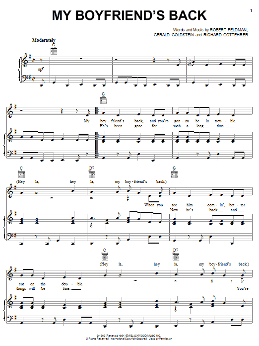 Preview Bobby Comstock My Boyfriend's Back Rock sheet music, notes and chords for Piano, Vocal & Guitar (Right-Hand Melody), SKU: 18081 sheet music, piano notes, chords, guitar tabs, score, transpose, transcribe, how to play, guide, download, learn, tutorial, progression, song, artist, awards, billboard, mtv, vh1, tour, single, album, release