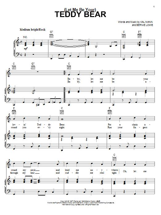 Preview Elvis Presley (Let Me Be Your) Teddy Bear Pop sheet music, notes and chords for Piano, Vocal & Guitar (Right-Hand Melody), SKU: 18090 sheet music, piano notes, chords, guitar tabs, score, transpose, transcribe, how to play, guide, download, learn, tutorial, progression, song, artist, awards, billboard, mtv, vh1, tour, single, album, release