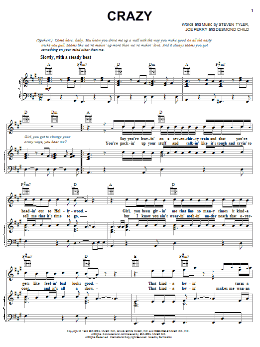 Preview Aerosmith Crazy Rock sheet music, notes and chords for Piano, Vocal & Guitar (Right-Hand Melody), SKU: 18092 sheet music, piano notes, chords, guitar tabs, score, transpose, transcribe, how to play, guide, download, learn, tutorial, progression, song, artist, awards, billboard, mtv, vh1, tour, single, album, release