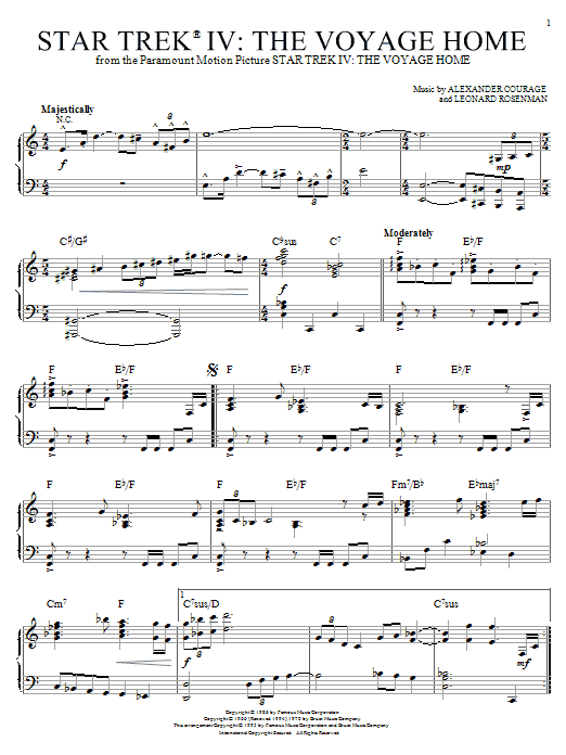Preview Alexander Courage Star Trek(R) IV - The Voyage Home Film and TV sheet music, notes and chords for Piano, SKU: 18095 sheet music, piano notes, chords, guitar tabs, score, transpose, transcribe, how to play, guide, download, learn, tutorial, progression, song, artist, awards, billboard, mtv, vh1, tour, single, album, release