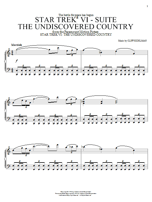 Preview Cliff Eidelman Star Trek(R) VI - The Undiscovered Country Film and TV sheet music, notes and chords for Piano, SKU: 18096 sheet music, piano notes, chords, guitar tabs, score, transpose, transcribe, how to play, guide, download, learn, tutorial, progression, song, artist, awards, billboard, mtv, vh1, tour, single, album, release