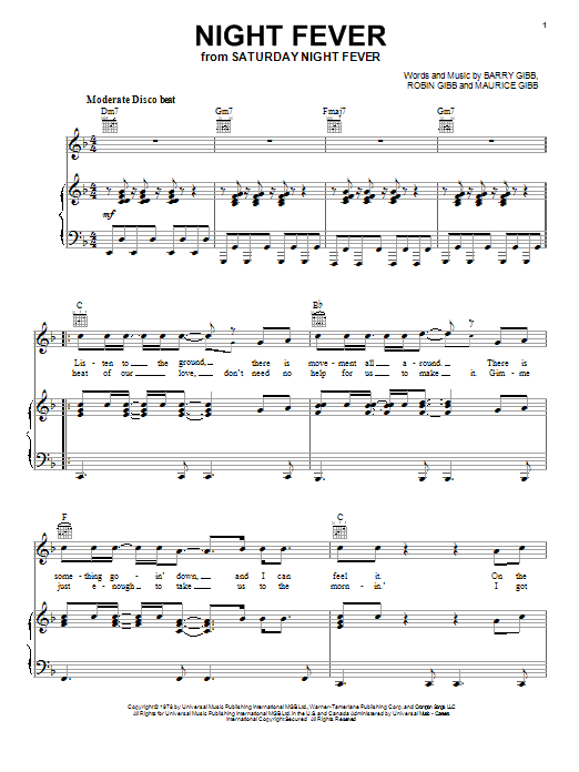 Preview Bee Gees Night Fever Pop sheet music, notes and chords for Piano, Vocal & Guitar (Right-Hand Melody), SKU: 18108 sheet music, piano notes, chords, guitar tabs, score, transpose, transcribe, how to play, guide, download, learn, tutorial, progression, song, artist, awards, billboard, mtv, vh1, tour, single, album, release