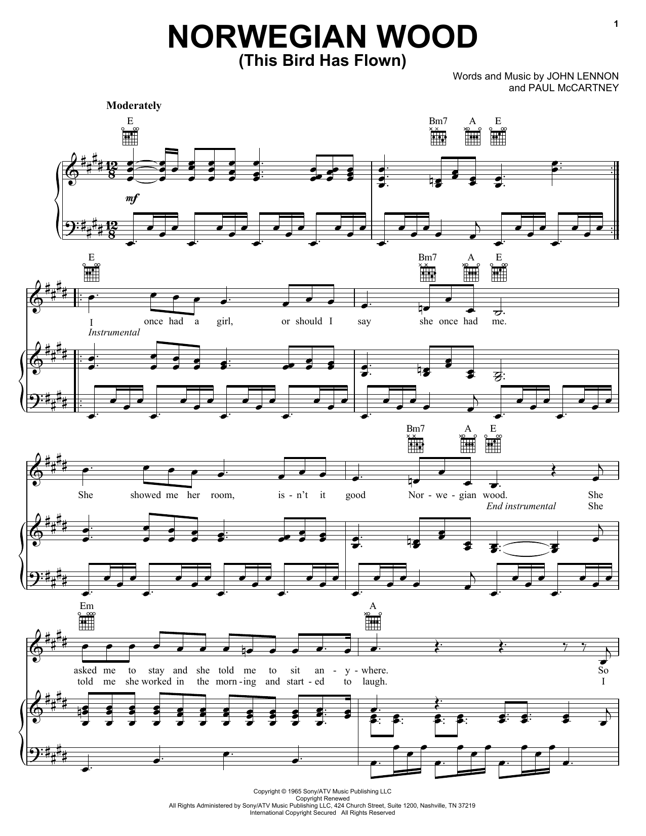 Preview The Beatles Norwegian Wood (This Bird Has Flown) Pop sheet music, notes and chords for Piano, Vocal & Guitar (Right-Hand Melody), SKU: 18109 sheet music, piano notes, chords, guitar tabs, score, transpose, transcribe, how to play, guide, download, learn, tutorial, progression, song, artist, awards, billboard, mtv, vh1, tour, single, album, release