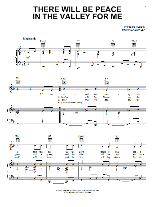 Preview Elvis Presley (There'll Be) Peace In The Valley (For Me) Religious sheet music, notes and chords for Piano, Vocal & Guitar (Right-Hand Melody), SKU: 18110 sheet music, piano notes, chords, guitar tabs, score, transpose, transcribe, how to play, guide, download, learn, tutorial, progression, song, artist, awards, billboard, mtv, vh1, tour, single, album, release