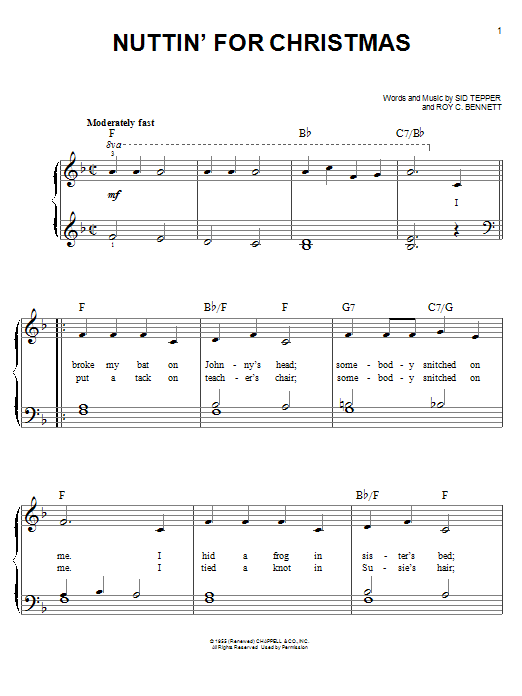 Preview Roy C. Bennett Nuttin' For Christmas Children sheet music, notes and chords for Easy Piano, SKU: 18116 sheet music, piano notes, chords, guitar tabs, score, transpose, transcribe, how to play, guide, download, learn, tutorial, progression, song, artist, awards, billboard, mtv, vh1, tour, single, album, release
